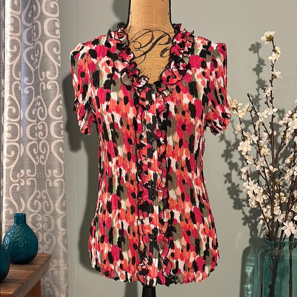 Style & Co Abstract Floral Crinkle Ruffle Blouse
